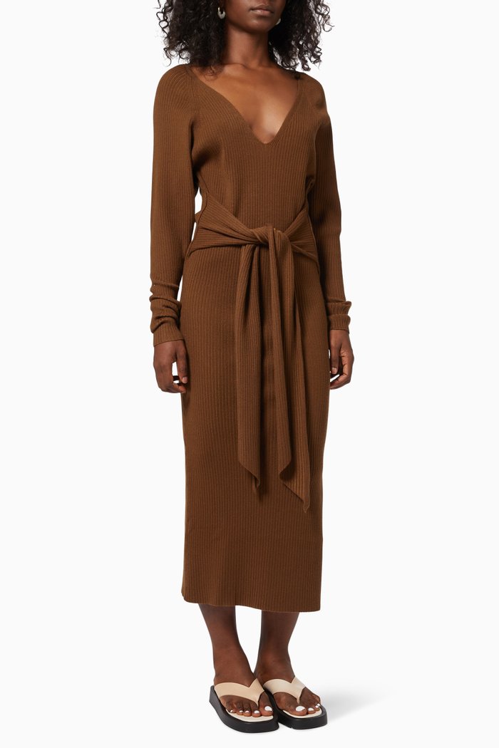 LS Belted Body Dress in Ribbed Knit, Green