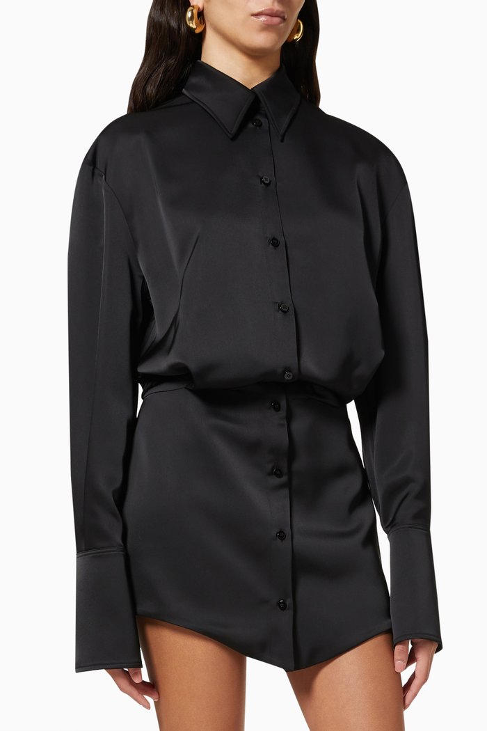 

Silvye Mini Shirt Dress in Double Satin, Black