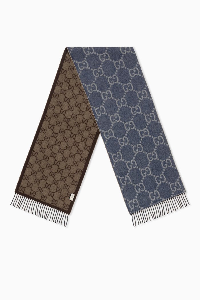 

Scarf with Tassels in GG Wool Jacquard Knit, Blue