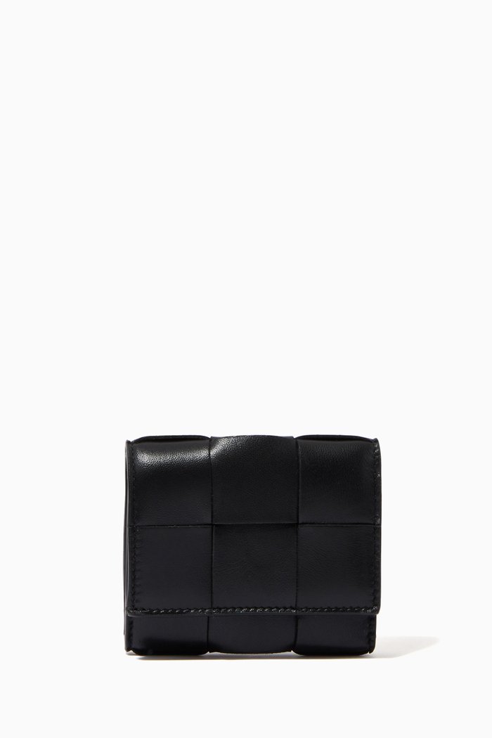 Tri-fold Zip Wallet in Intrecciato Nappa, Black