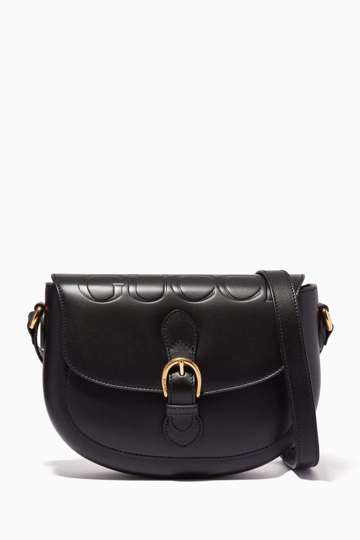 

Embossed Logo Saddle Bag in Leather, Black