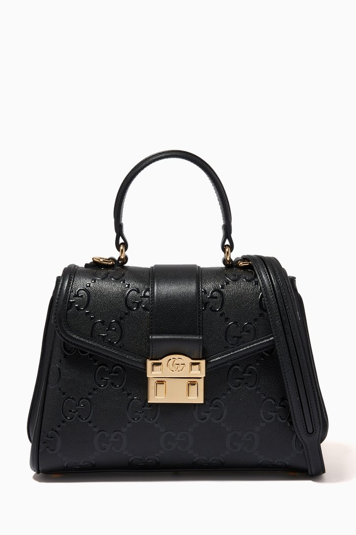 Small Top Handle Bag in Debossed GG Leather, Black