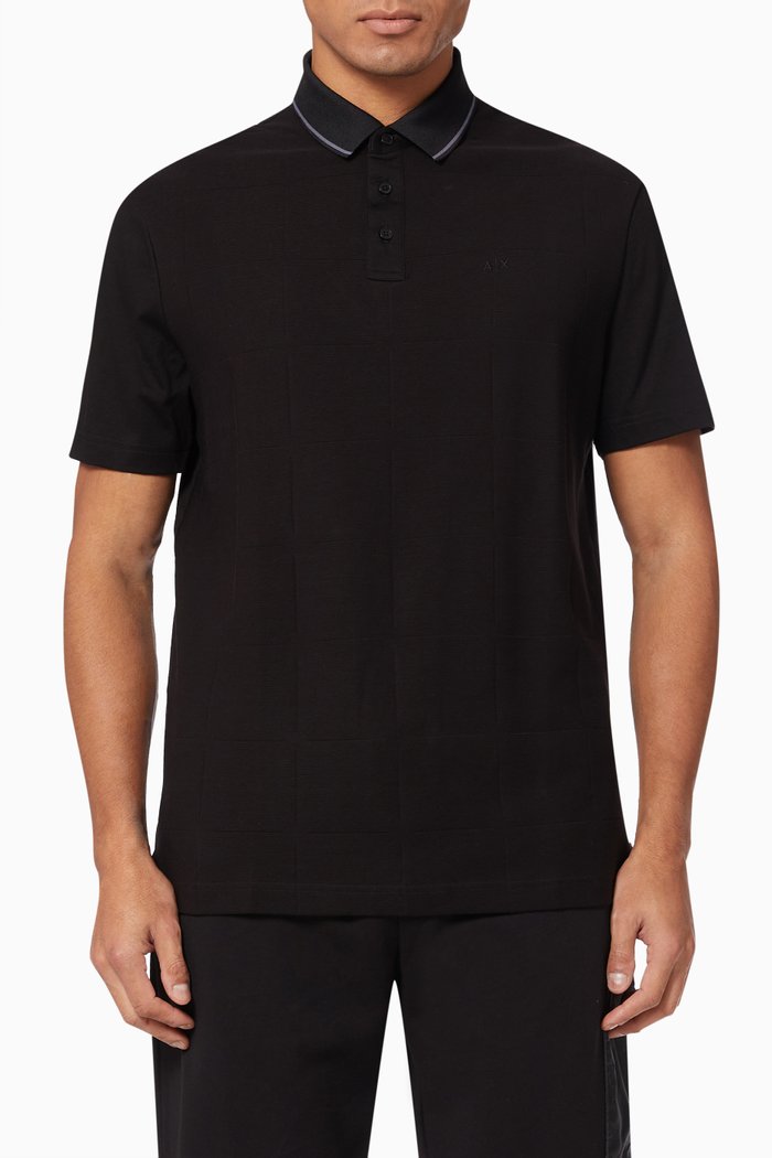 

Textured Polo Shirt in Cotton Knit, Black