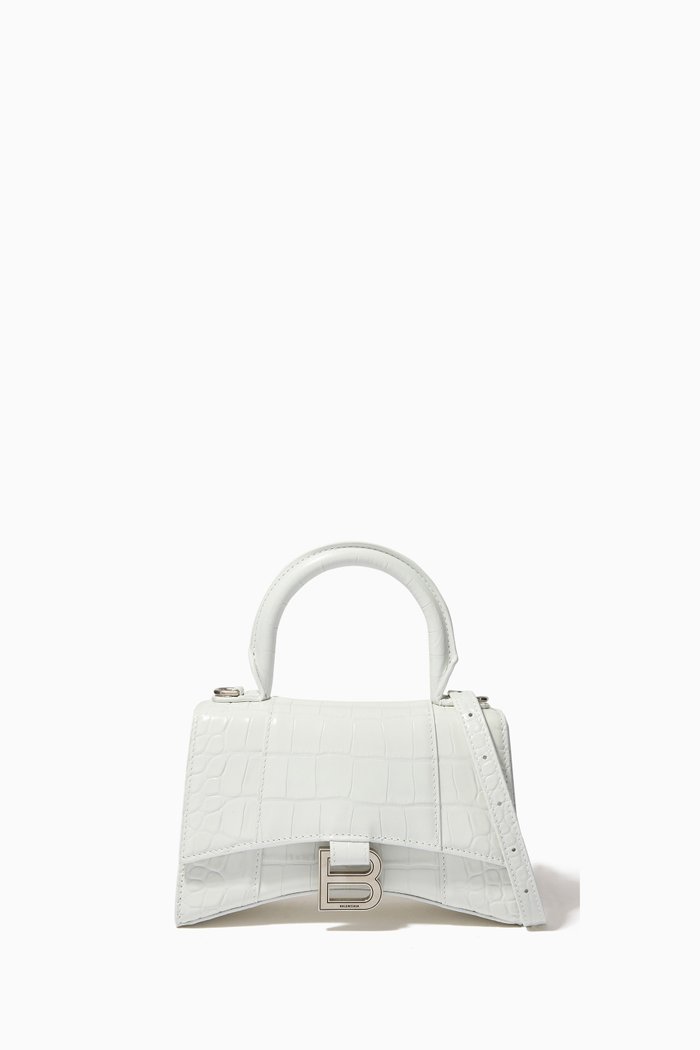 

Hourglass XS Top Handle Bag in Shiny Crocodile Embossed Calfskin, White