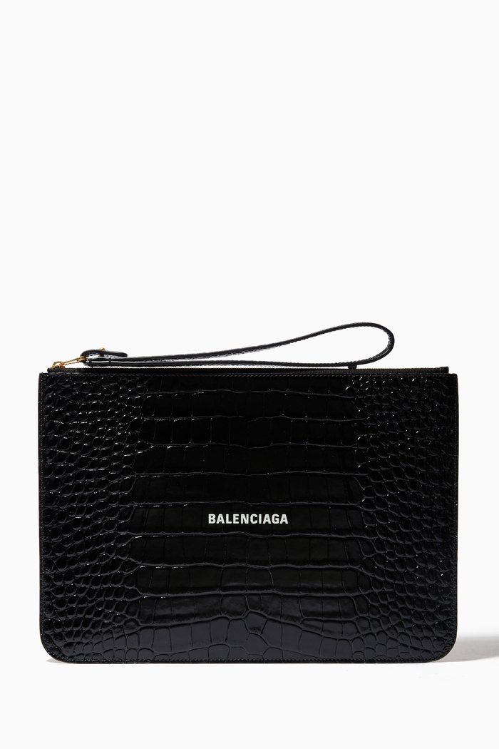 

Cash Pouch with Handle in Croc-embossed Leather, Black