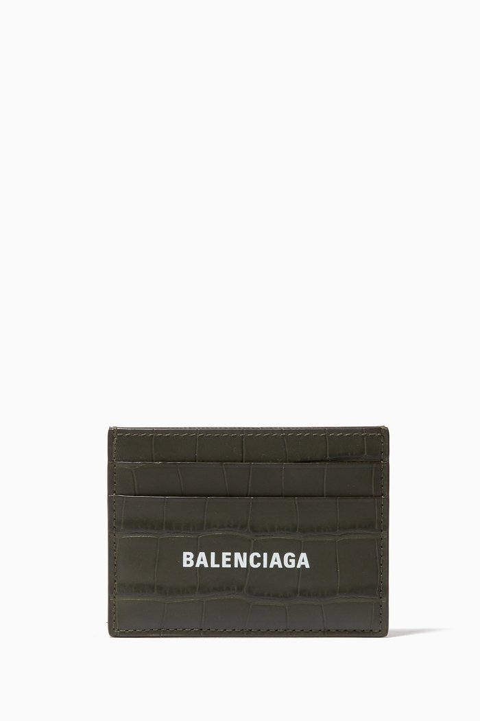 Cash Card Holder in Croc-embossed Leather, Brown
