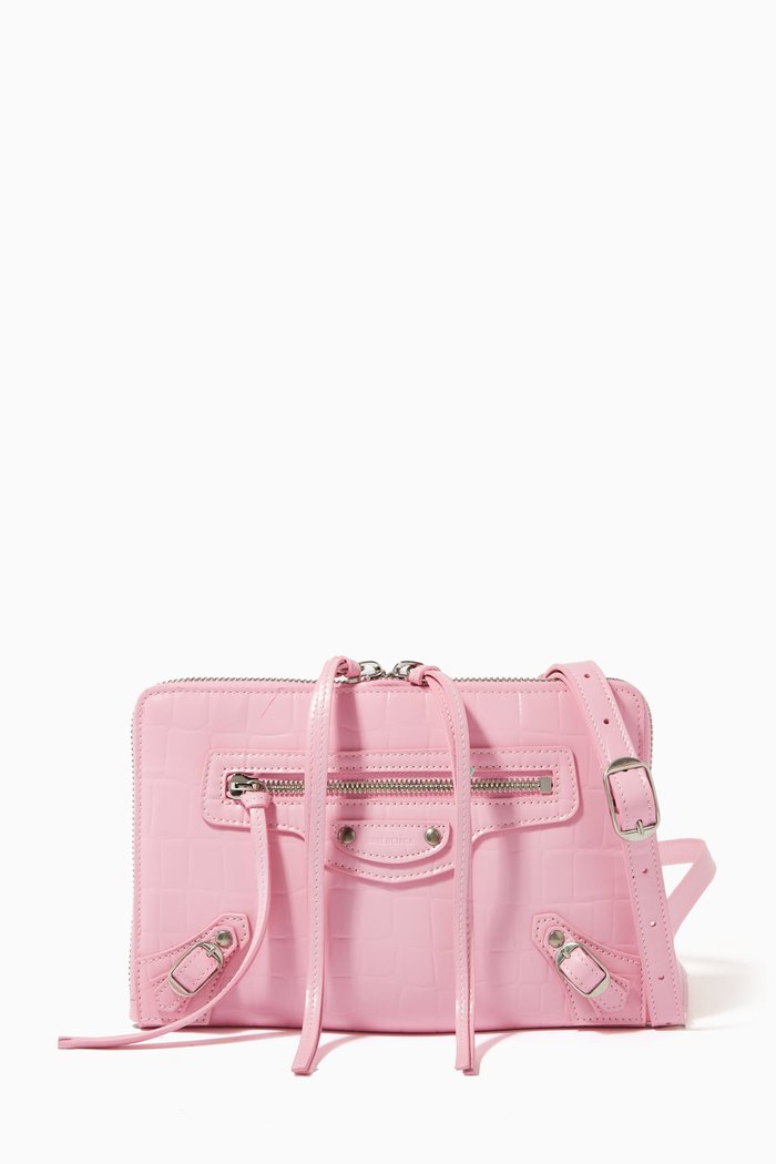 Neo Classic Small Pouch with Strap in Croc-embossed Leather, Pink