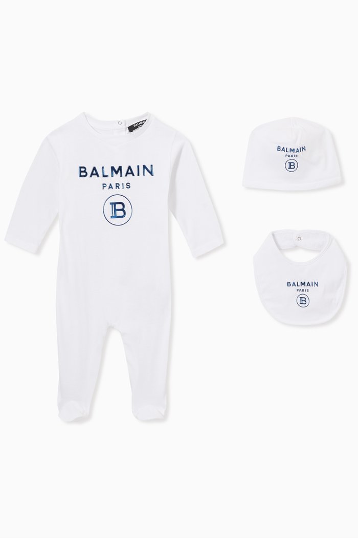 

Balmain Pyjama Gift Set of Romper, Hat & Bib, White