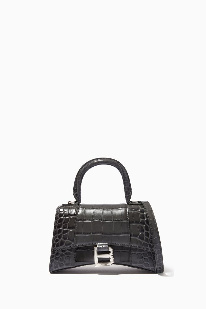 

Hourglass XS Top Handle Bag in Shiny Crocodile Embossed Calfskin, Grey