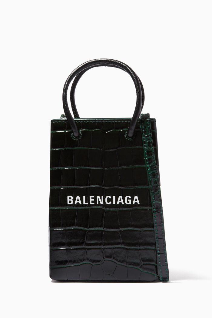 

Shopping Phone Holder Bag in Crocodile-Embossed Leather, Green