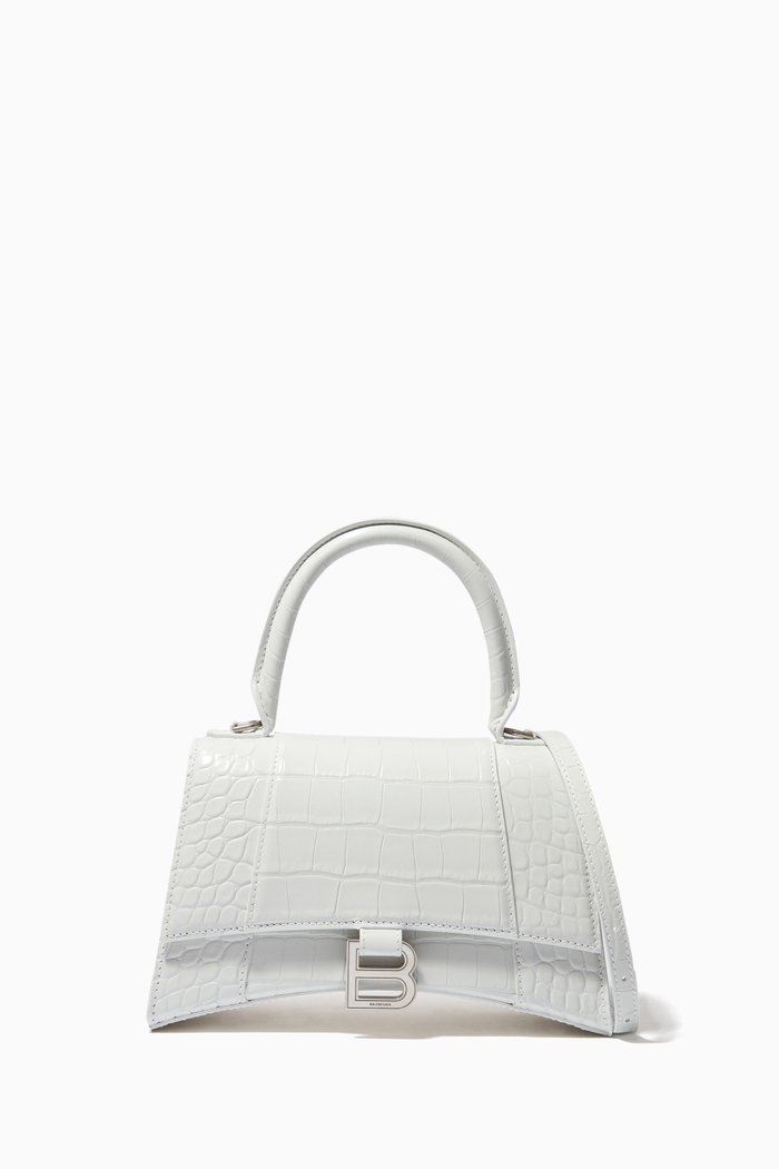 

Hourglass Small Top Handle Bag in Shiny Croc-embossed Calfskin, White