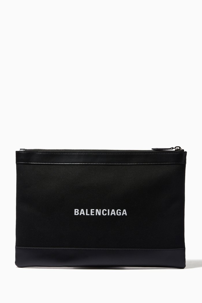 

Navy Clip Medium Pouch in Cotton Canvas & Calfskin, Black