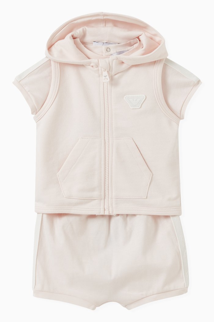 

Eagle Logo Top, Shorts & Hooded Gilet Set, Pink