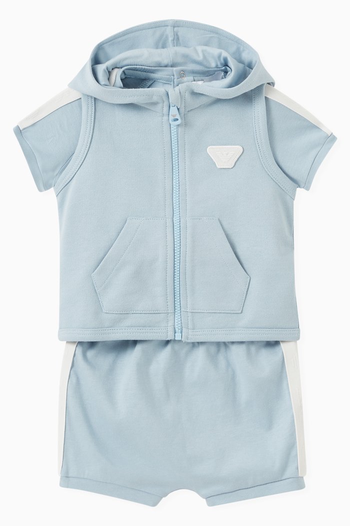 

Eagle Logo Top, Shorts & Hooded Gilet Set, Blue