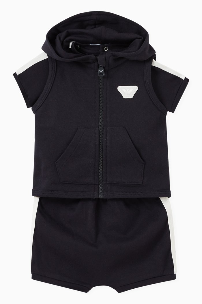 

Eagle Logo Top, Shorts & Hooded Gilet Set, Blue