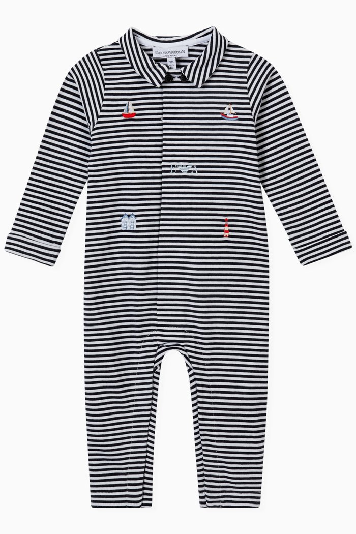

Striped Boat Embroidery Jumpsuit in Cotton, Blue
