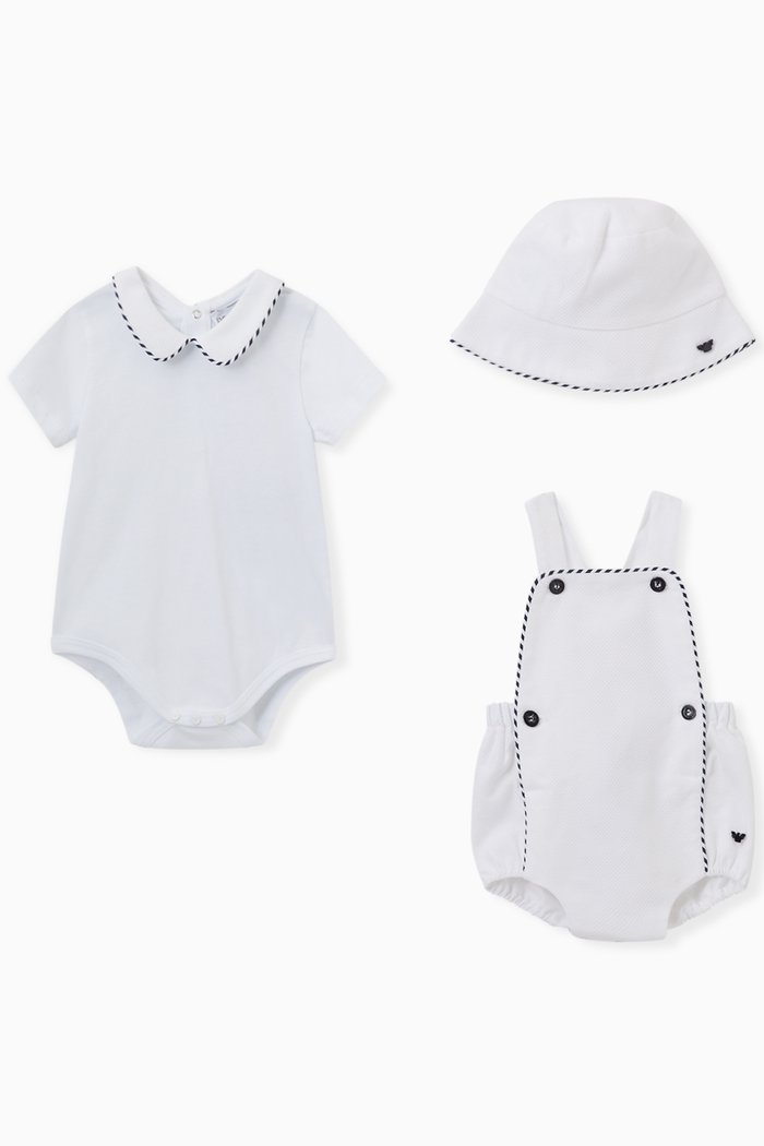 

Contrast Detail Jumpsuit, Romper & Hat, Set of 3, White
