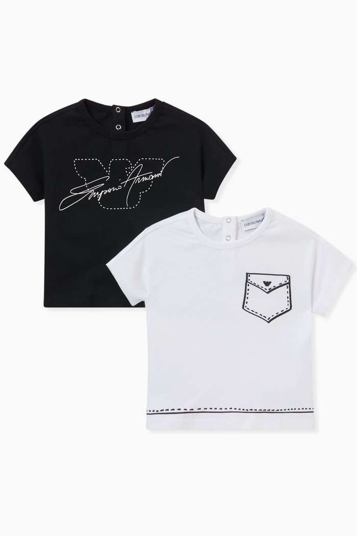 Text & Eagle Logo Print T-shirt, Set of 2 in Cotton, White