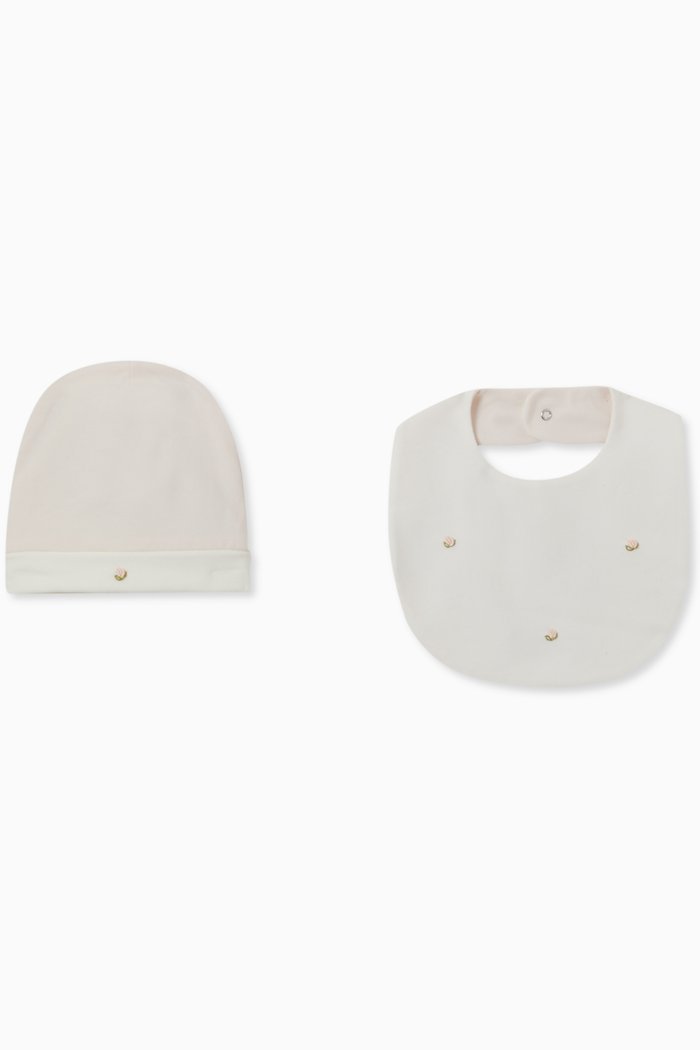 

Flower Embroidery Bib & Hat Set in Cotton, Pink
