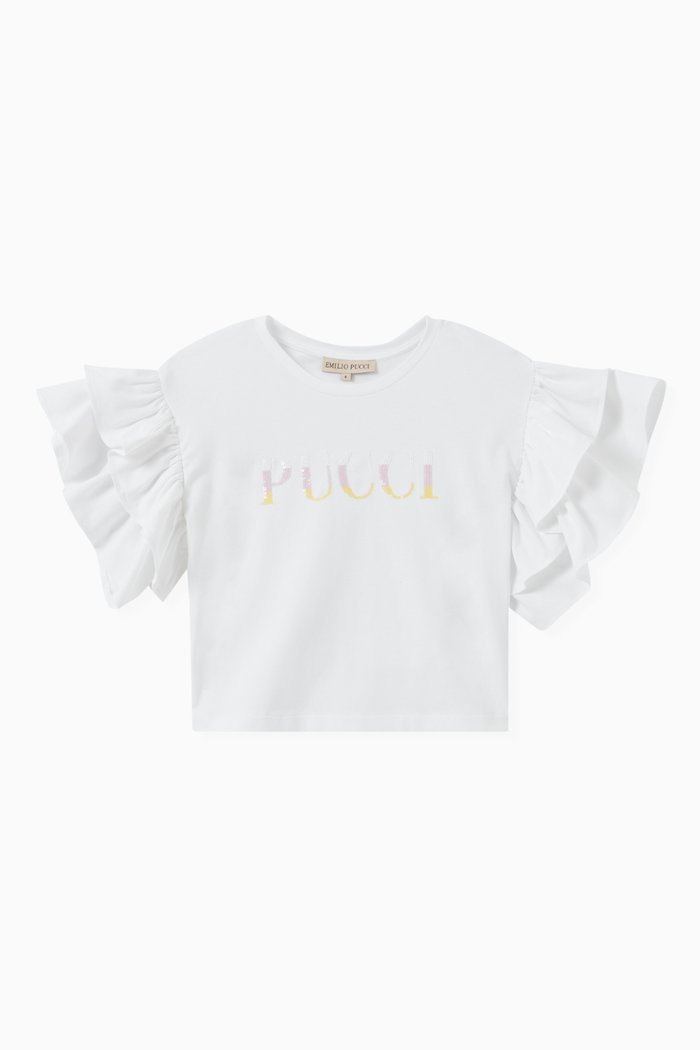 Ruffle Sleeve T-shirt in Cotton Blend, White