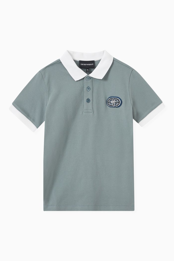 

Contrast Trim Logo Patch Polo Shirt in Cotton Piquet, Blue