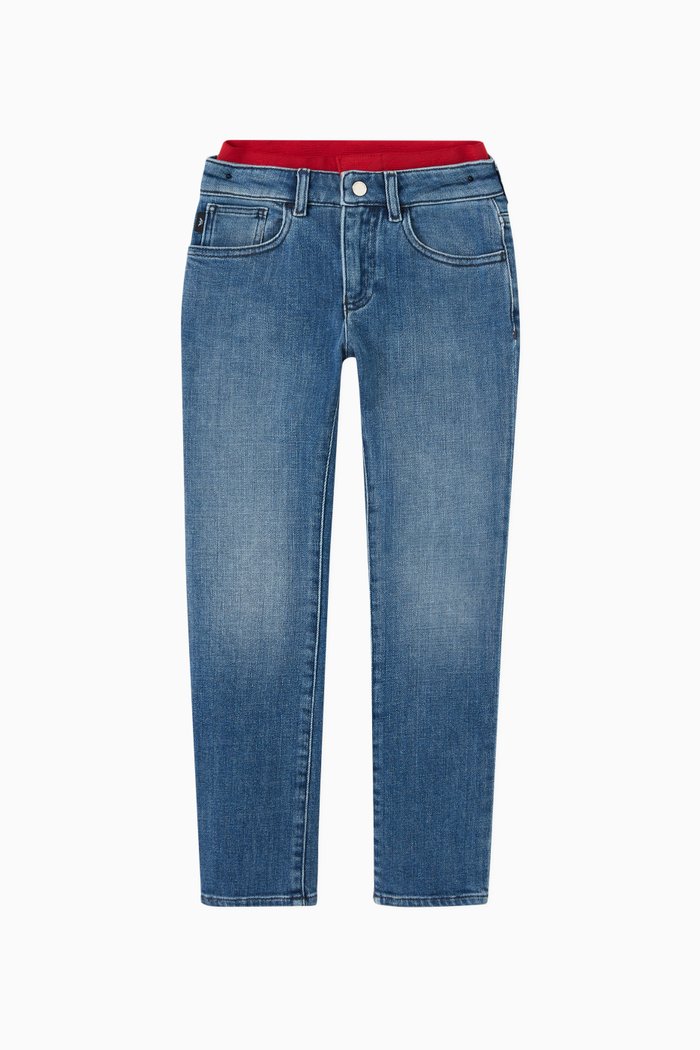 Contrast Waistband Jeans in Cotton Denim, Blue