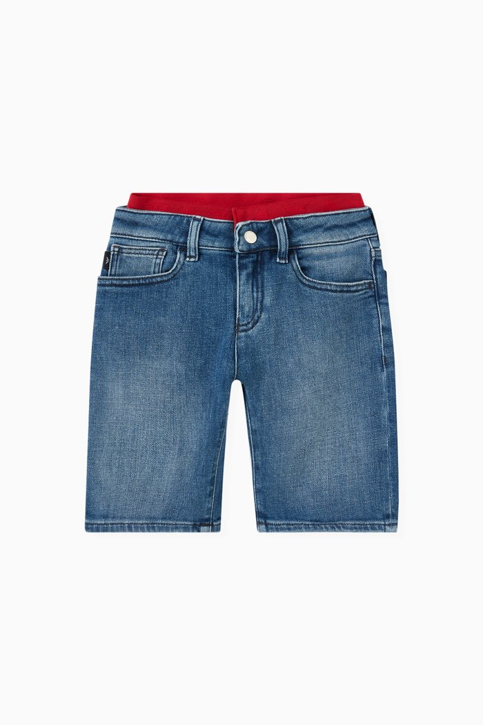 Contrast Waistband Shorts in Denim, Blue