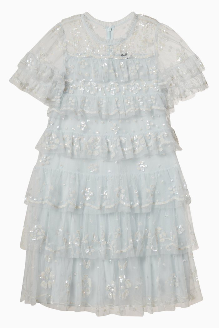 Eloise Dress in Embroidered Tulle, Blue