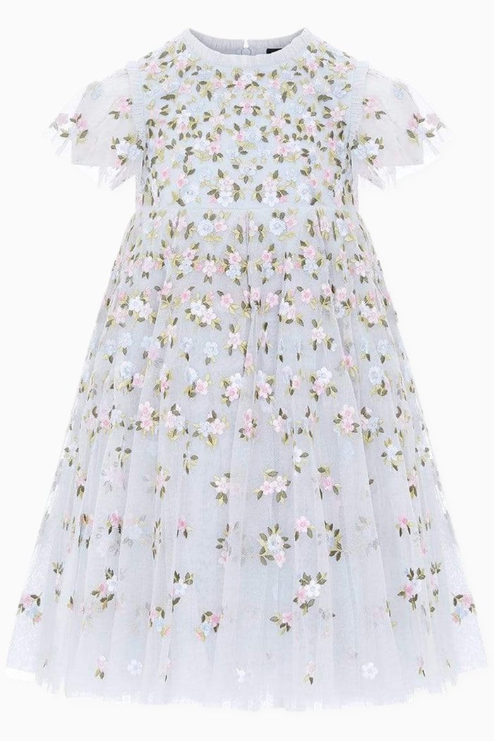 Serefina Dress in Embroidered Tulle, Blue