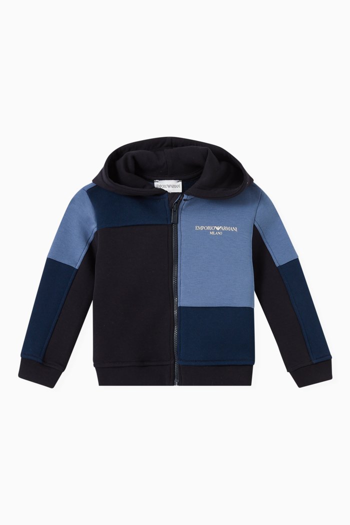 

Colour-block Squares Zip-up Hoodie in Cotton, Blue