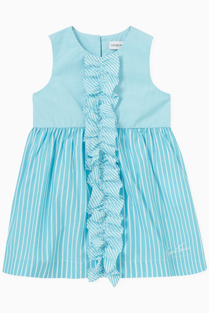 

Striped Frill Dress in Cotton, Blue