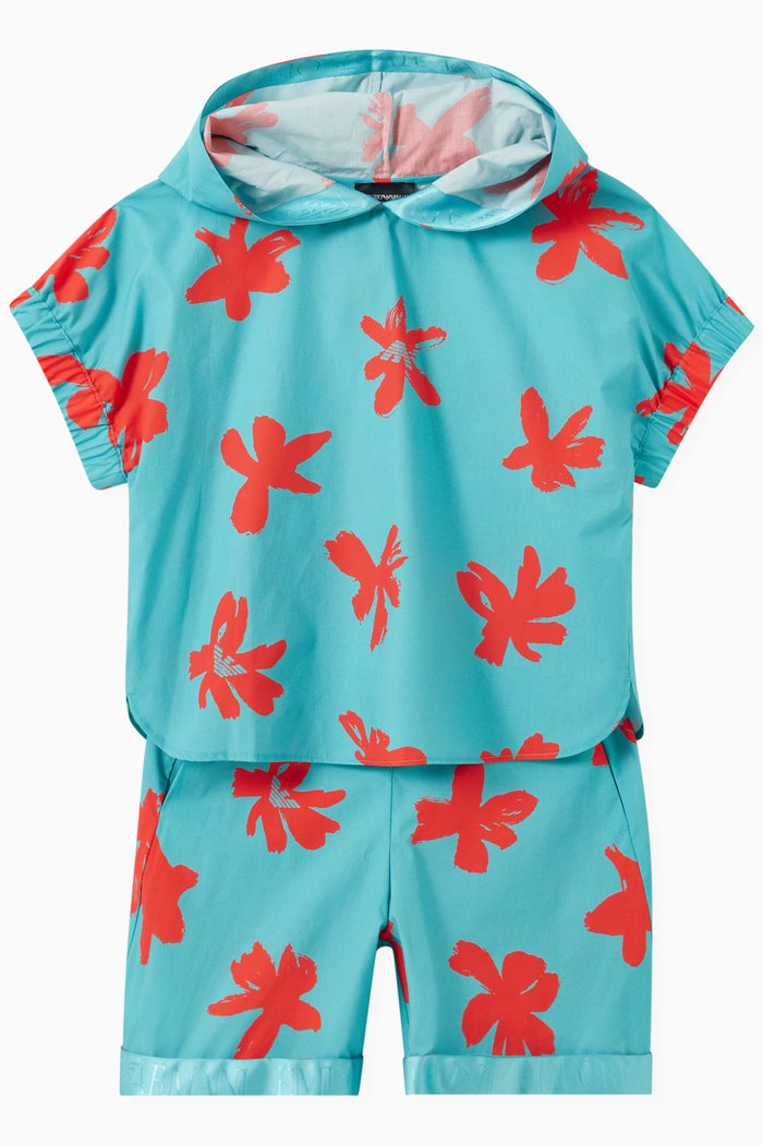 

Flower Print Hooded Top & Shorts Set in Cotton, Green