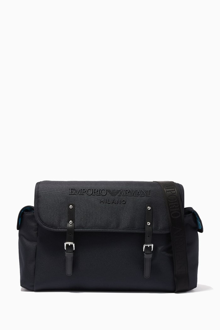 

Text Logo Diaper Bag with Buckles in Nylon, Blue