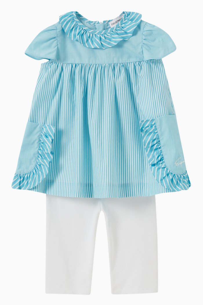 

Stripe & Ruffle Pocket Top & Leggings Set in Cotton, Blue