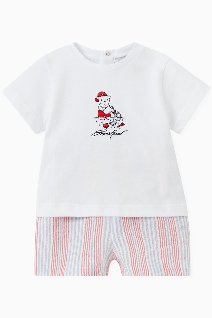 

Manga Bear Print T-shirt & Shorts in Seersucker Cotton, White
