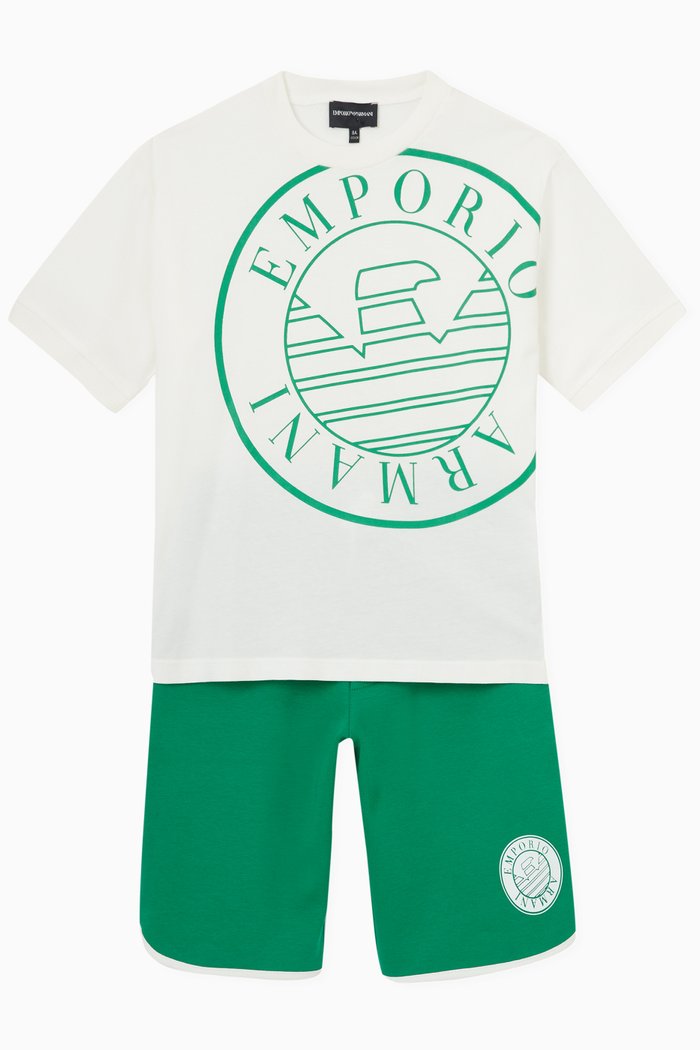 

Logo Print T-shirt & Shorts Set in Cotton Jersey, Green