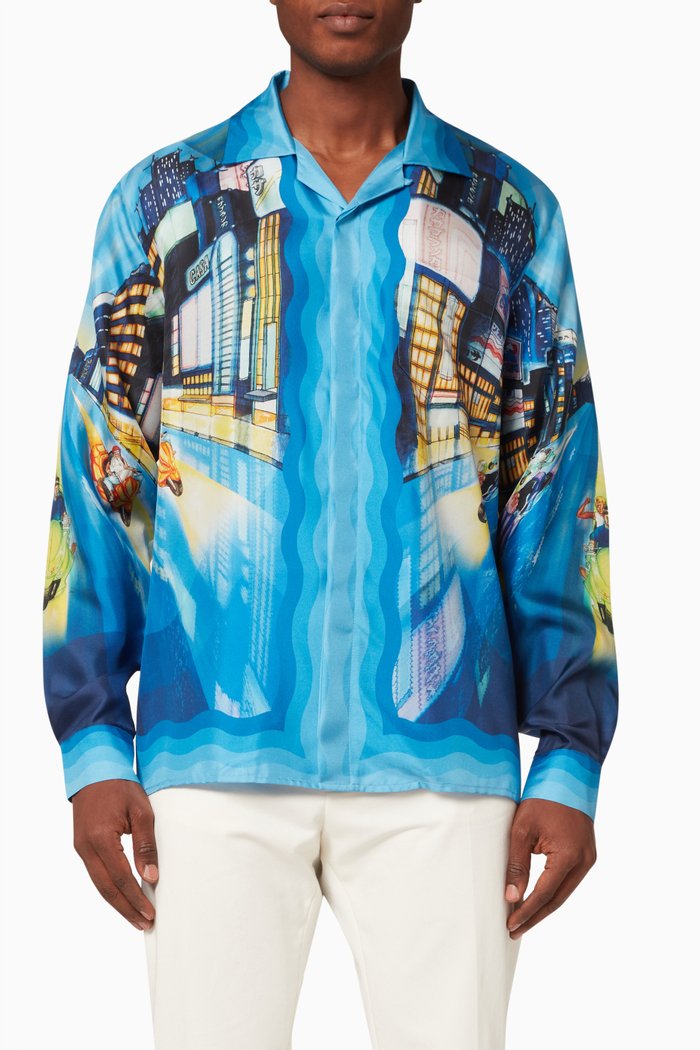 

Long Sleeve Cuban Collar Shirt in Silk, Blue