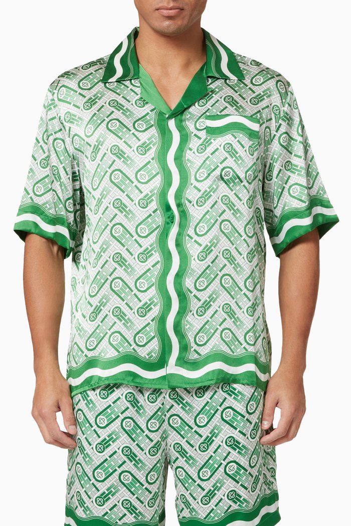 

Cuban Collar Short Sleeve Shirt in Silk, Red