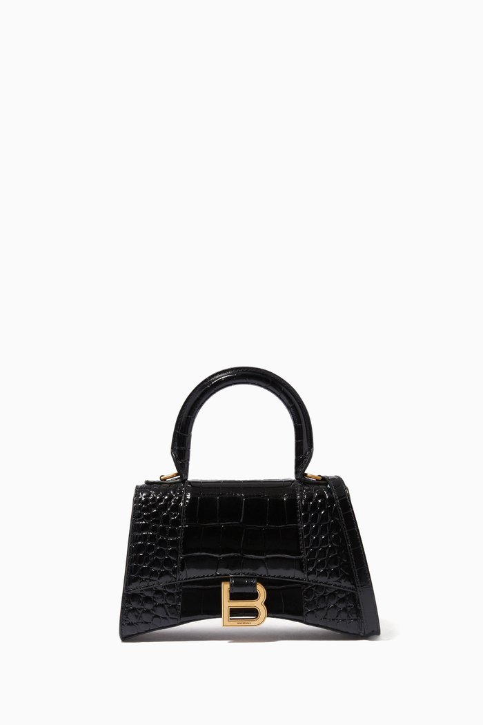 

Hourglass XS Top Handle Bag in Shiny Crocodile Embossed Calfskin, Black