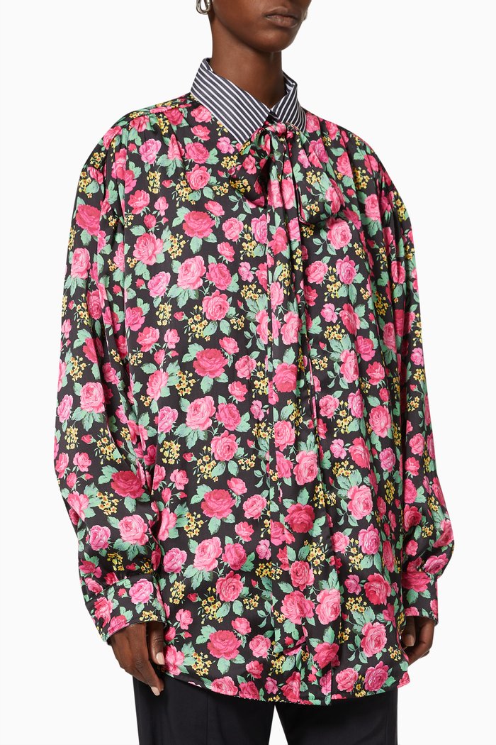 

Mixed Print Reversible Blouse in Satin & Cotton Poplin, Black