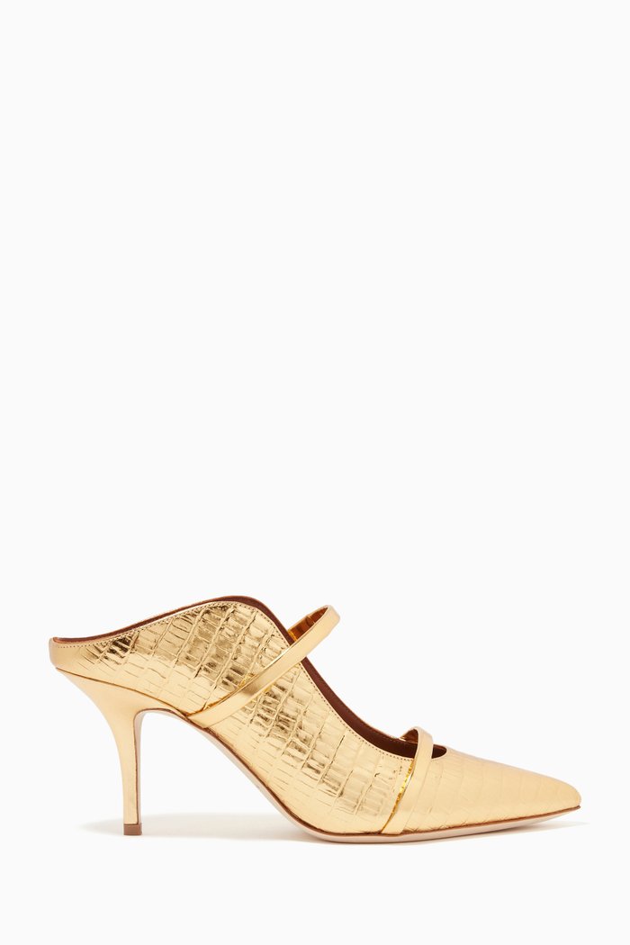 

Maureen 70 Mules in Metallic Croc-embossed Leather, Gold