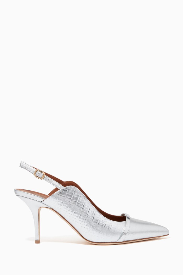

Marion 70 Slingback Pumps in Metallic Croc-embossed Leather, Silver