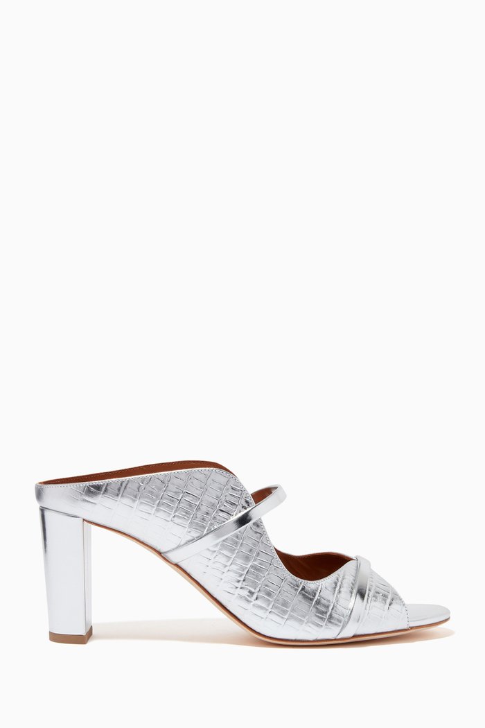 Norah 70 Mules in Metallic Croc-embossed Leather, Silver