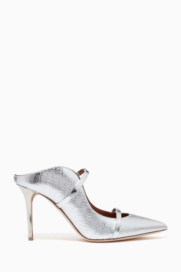 

Maureen 85 Mules in Metallic Croc-embossed Leather, Silver