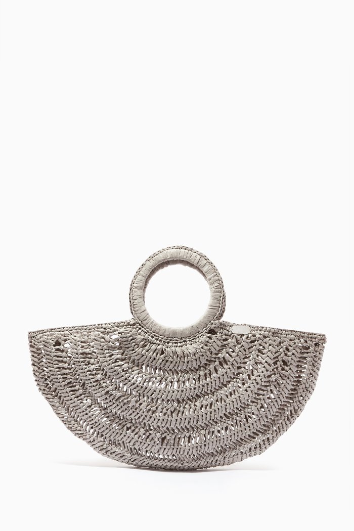 

Large Blanca Half Moon Tote Bag in Raffia, Grey