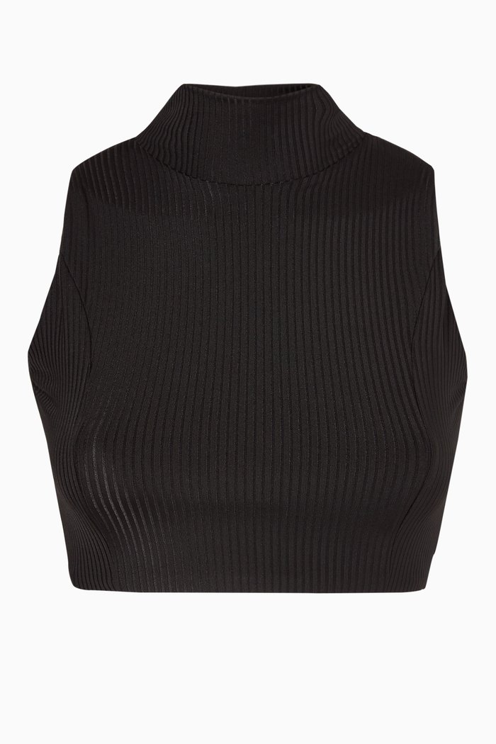 

Mockneck Crop Swim Top in Ribbed ECONYL®, Black