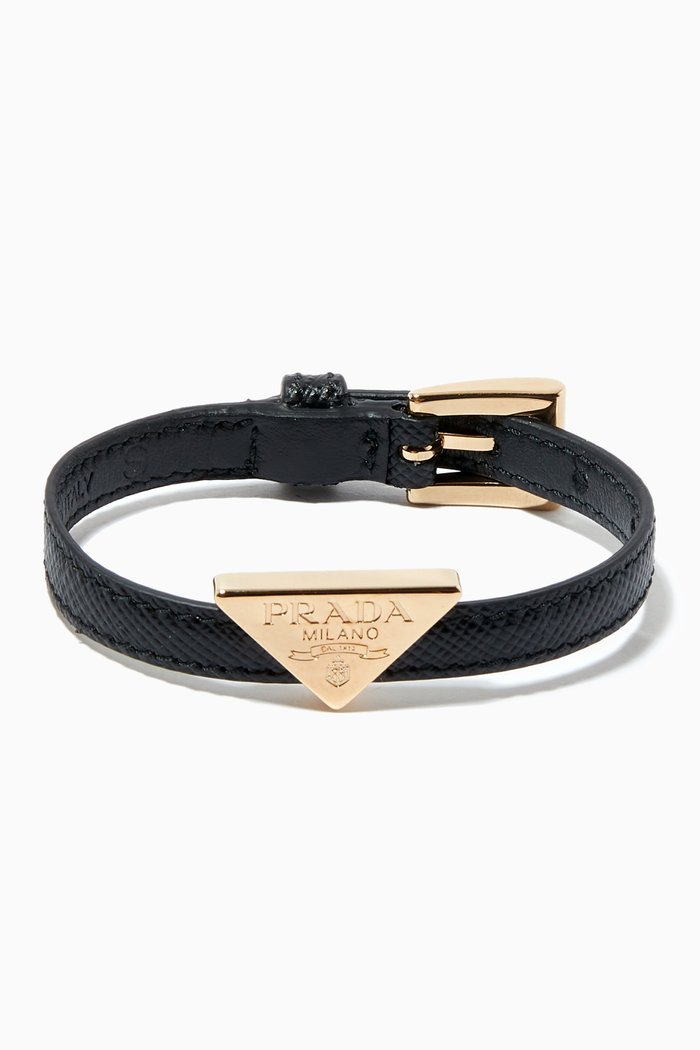 

Triangle Logo Bracelet in Saffiano Leather, Black