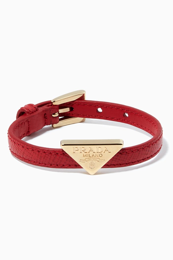 

Triangle Logo Bracelet in Saffiano Leather, Red