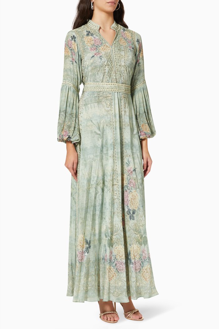 

Floral Belted Maxi Dress in Georgette, Green