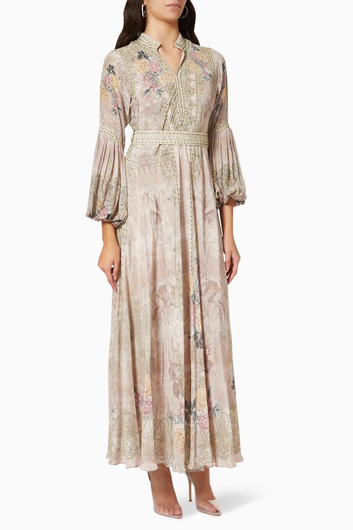 

Floral Belted Maxi Dress in Georgette, Pink